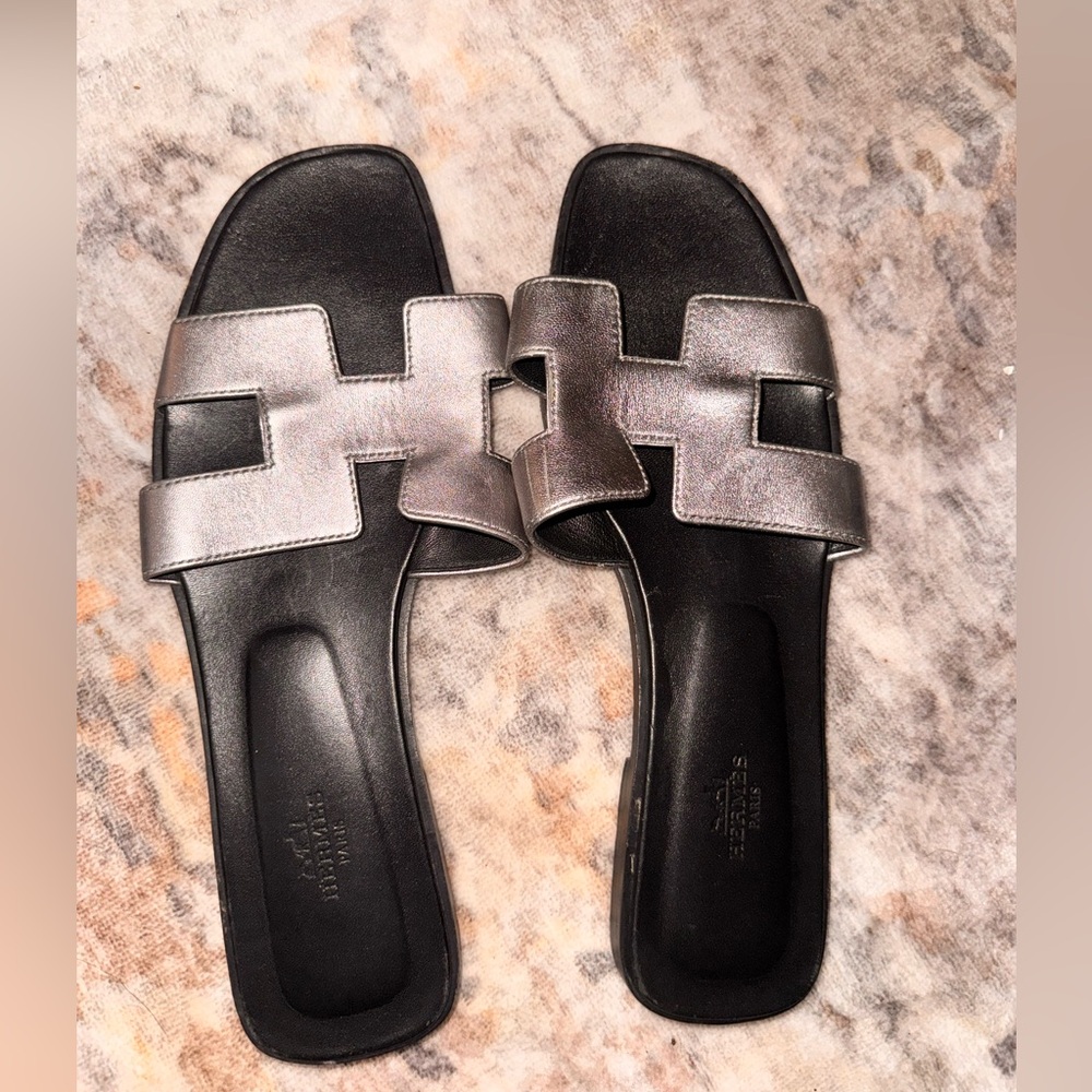 Hermes Black and Silver Oran Sandals